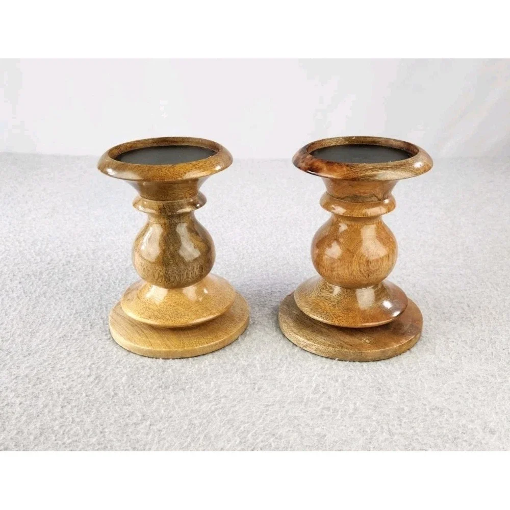 Pottery Barn Candle Holder Turned Wood Pillar Bougeoir Vintage MCM Wooden Decor